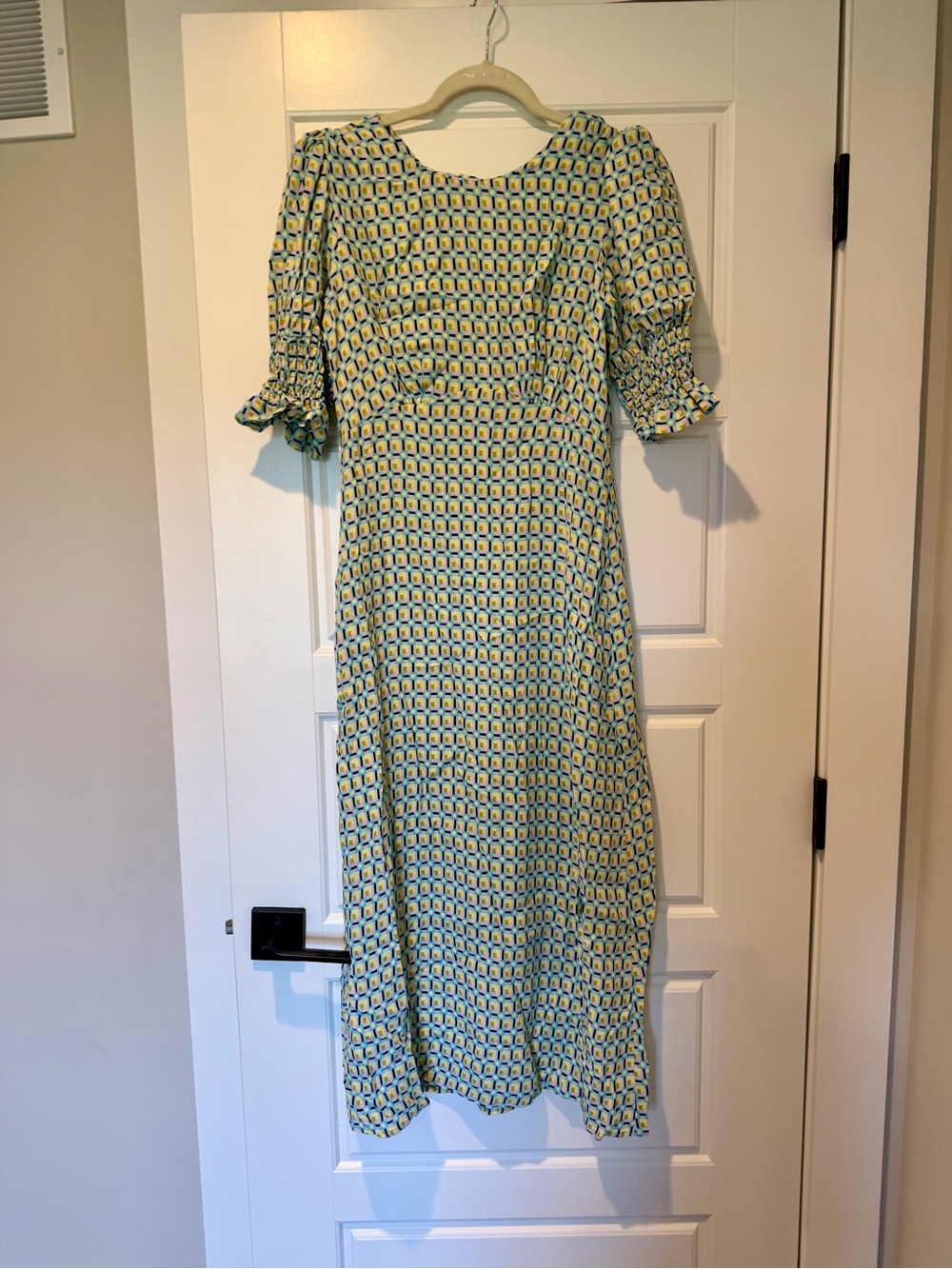 Geo-Print Light Blue and Yellow Midi Dress with Puff Sleeves